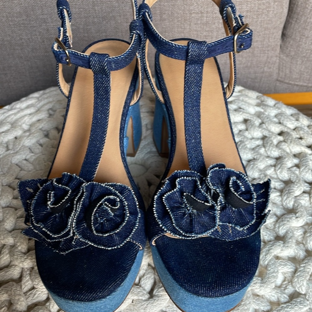 Maeve Two-Tone Denim Platform Sandals with Rosette - Picture 15 of 16